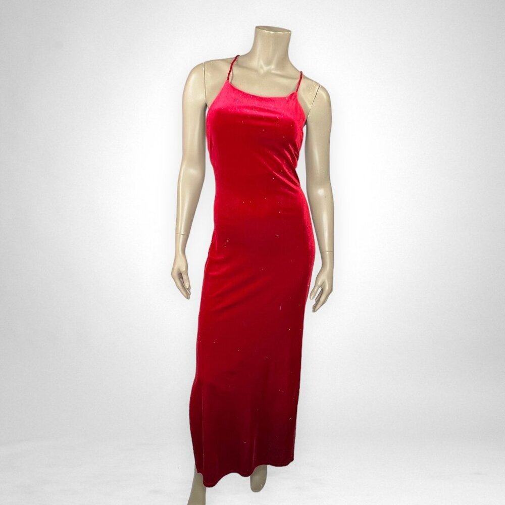 Vintage PIA Medium Red Strappy Glittery Maxi‎ Dress 90s Prom Party